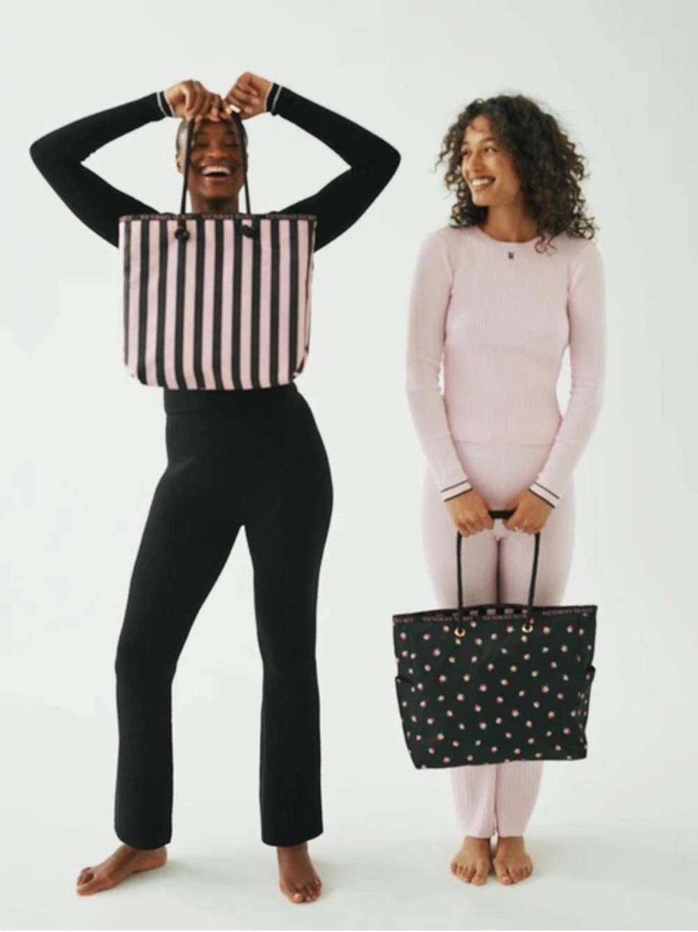 NWOT Victoria's Secret Reversible Tote Black & Pink Striped/Roses Side Pockets - Picture 5 of 5